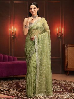 Libas Art - Green Embellished/Sequined Saree with Unstitched Blouse