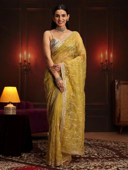 Libas Art - Yellow Embellished/Sequined Saree with Unstitched Blouse