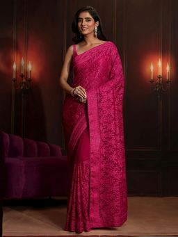 Libas Art - Pink Embroidered Saree with Unstitched Blouse