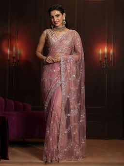 Libas Art - Pink Embroidered Saree with Unstitched Blouse
