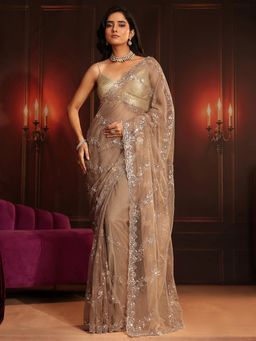 Libas Art - Taupe Embroidered Saree with Unstitched Blouse