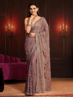 Libas Art - Lavender Embroidered Saree with Unstitched Blouse