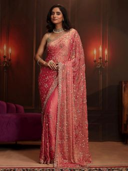 Libas Art - Coral Embellished/Sequined Saree with Unstitched Blouse