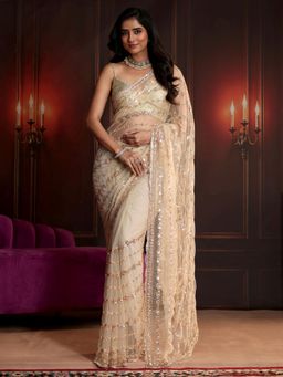 Libas Art - Cream Embellished/Sequined Saree with Unstitched Blouse