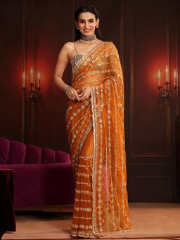 Libas Art - Orange Embellished/Sequined Saree with Unstitched Blouse