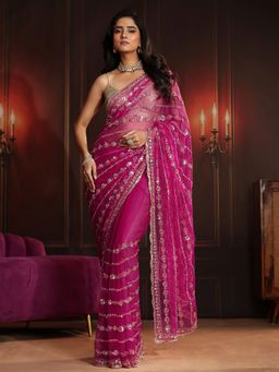 Libas Art - Pink Embroidered Saree with Unstitched Blouse