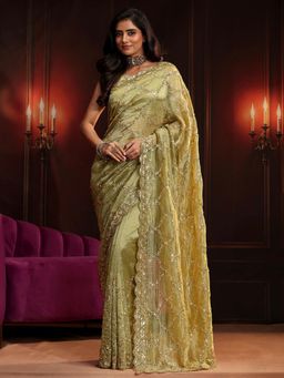 Libas Art - Green Embroidered Saree with Unstitched Blouse