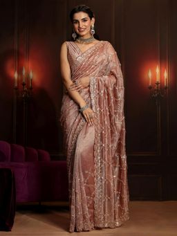 Libas Art - Peach Embellished/Sequined Saree with Unstitched Blouse