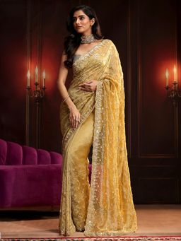 Libas Art - Gold Embroidered Saree with Unstitched Blouse