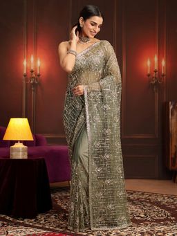Libas Art - Green Embellished/Sequined Saree with Unstitched Blouse