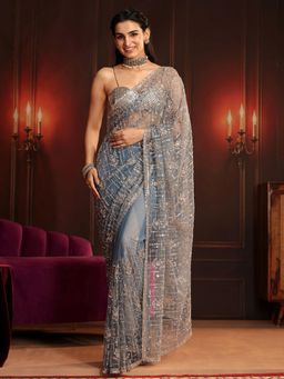 Libas Art - Blue Embellished/Sequined Saree with Unstitched Blouse