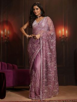 Libas Art - Purple Embellished/Sequined Saree with Unstitched Blouse