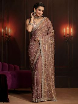 Libas Art - Mauve Embroidered Saree with Unstitched Blouse