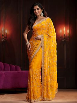 Libas Art - Mustard Embroidered Saree with Unstitched Blouse
