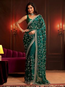 Libas Art - Green Embroidered Saree with Unstitched Blouse