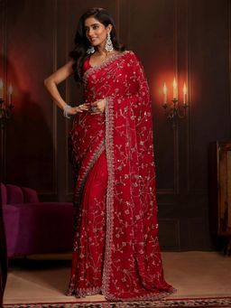 Libas Art - Red Embellished/Sequined Saree with Unstitched Blouse