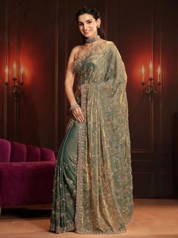 Libas Art - Green Embroidered Saree with Unstitched Blouse