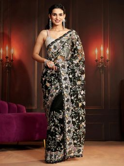 Libas Art - Black Embellished/Sequined Saree with Unstitched Blouse