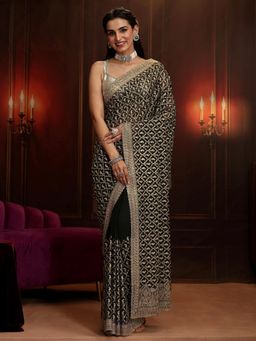 Libas Art - Black Embroidered Saree with Unstitched Blouse