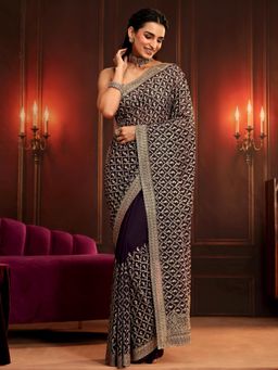 Libas Art - Purple Embroidered Saree with Unstitched Blouse