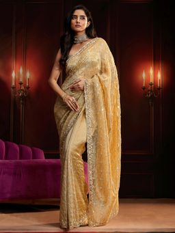 Libas Art - Gold Embellished/Sequined Saree with Unstitched Blouse
