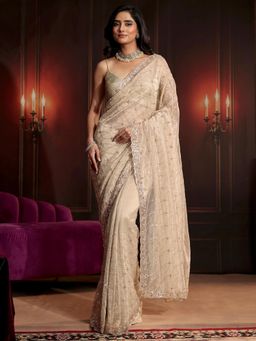 Libas Art - Cream Embellished/Sequined Saree with Unstitched Blouse
