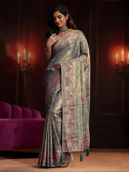 Libas Art - Green Woven Saree with Unstitched Blouse