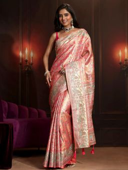 Libas Art - Pink Woven Saree with Unstitched Blouse