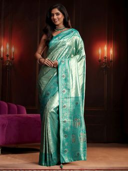 Libas - Green Woven Saree with Unstitched Blouse