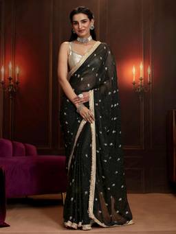 Libas - Black Embroidered Saree with Unstitched Blouse