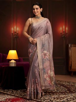 Libas - Purple Embellished/Sequined Saree with Unstitched Blouse