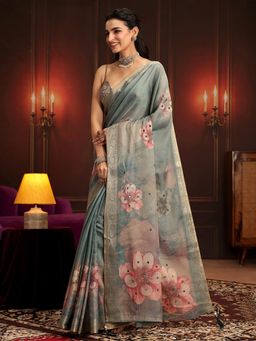 Libas - Green Embellished/Sequined Saree with Unstitched Blouse