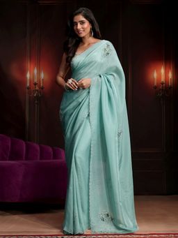 Libas - Blue Embroidered Saree with Unstitched Blouse