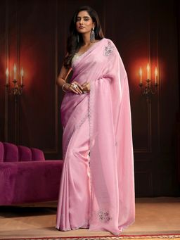 Libas - Pink Embroidered Saree with Unstitched Blouse
