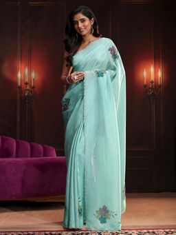 Libas - Blue Embroidered Saree with Unstitched Blouse