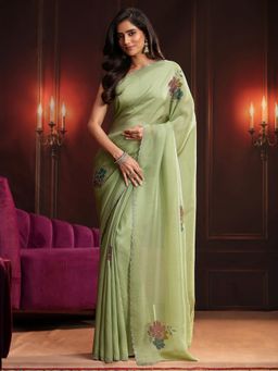 Libas - Green Embroidered Saree with Unstitched Blouse