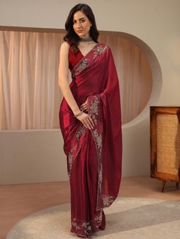 Libas Art - Maroon Embellished/Sequined Saree with Unstitched Blouse