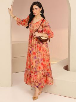 Libas - Beige Floral Full Sleeves Empire Dress