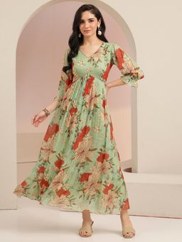 Libas - Green Floral Full Sleeves Empire Dress