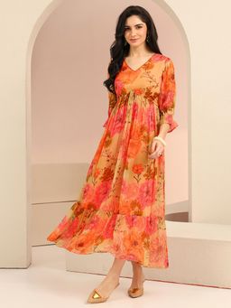 Libas - Oranage Floral Three Fourth Sleeves Empire Dress