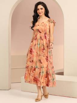 Libas - Peach Floral Sleeveless Flared Dress