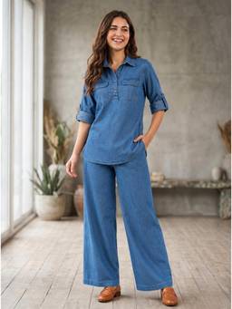 Autumnlane - Blue Solid/Plain Three Fourth Sleeves Regular Co-ord Set