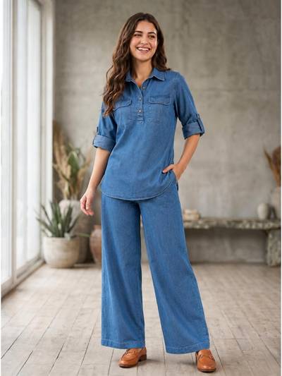 Blue Solid/Plain Three Fourth Sleeves Regular Co-ord Set