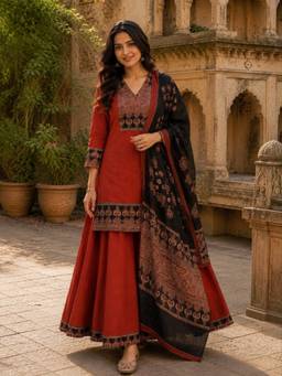 Autumnlane - Rust Printed Three Fourth Sleeves Regular Co-ord Set