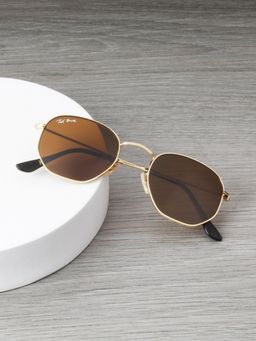 TED SMITH - Unisex Hexagonal Sunglasses Gold Frame Dark Brown Glass Lenses