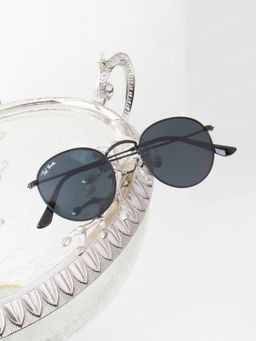 TED SMITH - Unisex Round Sunglasses Matt Black Metal Frame Grey Glass Lenses 100% Uv Protection