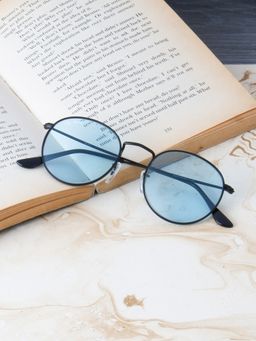 TED SMITH - Unisex Round Sunglasses Matt Black Metal Frame Candy Blue Glass Lenses 100% Uv Protection