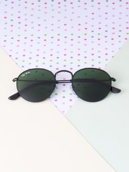 TED SMITH - Unisex Round Sunglasses Matt Black Metal Frame Dark Green Glass Lenses 100% Uv Protection