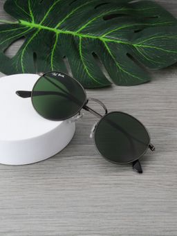 TED SMITH - Unisex Round Sunglasses Gunmetal Metal Frame Dark Green Glass Lenses 100% Uv Protection
