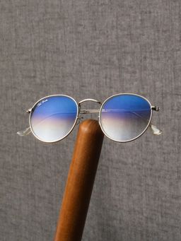 TED SMITH - Unisex Round Sunglasses Silver Metal Frame Blue Graded Glass Lenses 100% Uv Protection